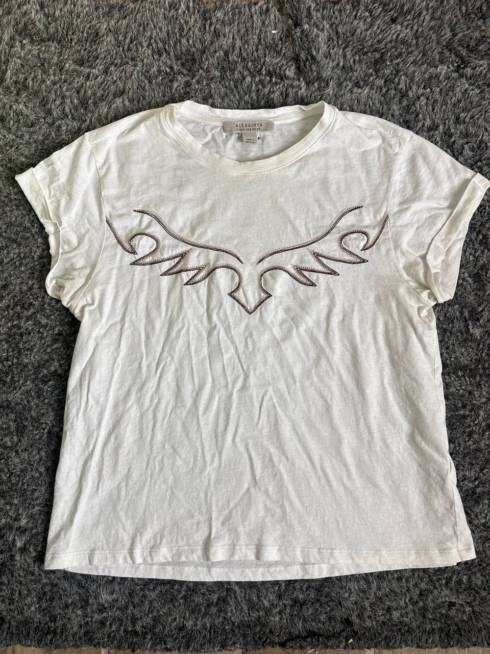 All Saints White Crewneck Tee with Brown Embroidered Graphic
